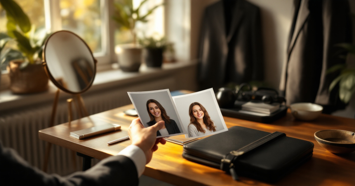 Hands evaluating printed headshots for realism, lighting, and LinkedIn-ready professional quality