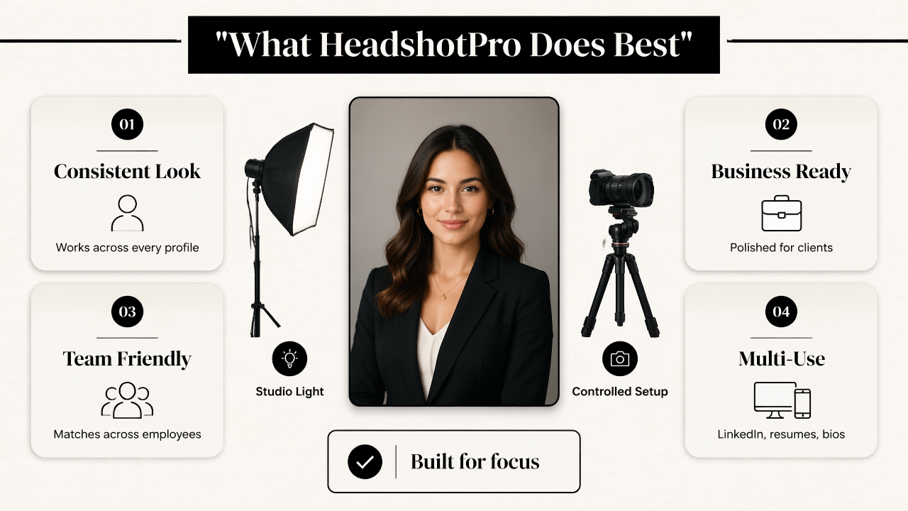 Infographic showing HeadshotPro’s best use cases for consistent business headshots.