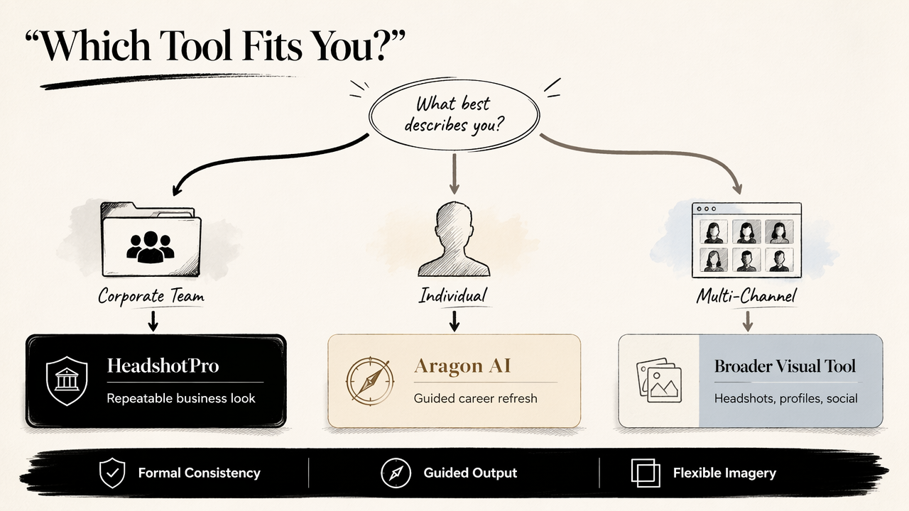 Decision diagram comparing HeadshotPro, Aragon AI, and broader visual tools by user type.