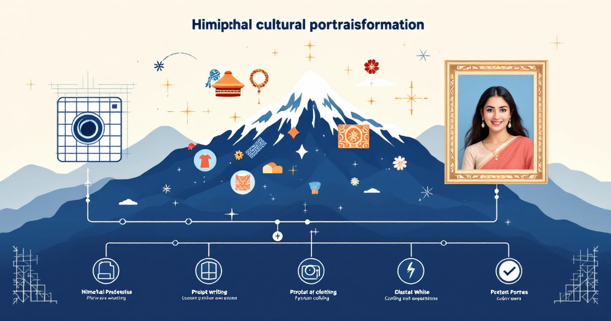 Infographic showing AI portrait generation workflow with Himachali mountain imagery, traditional attire icons, and step-by-step transformation process in indigo and terracotta colors