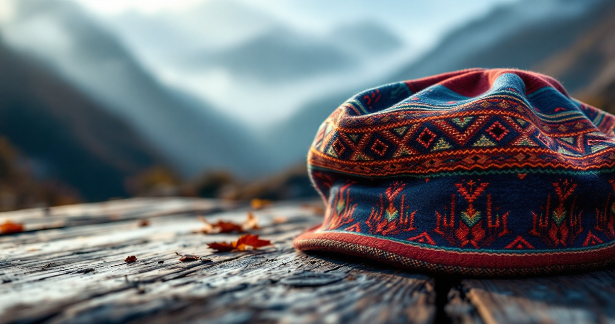 Traditional Himachali Kullu cap with colorful geometric patterns photographed against misty mountain backdrop for AI portrait reference