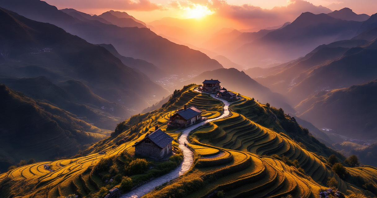 Aerial view of Himachali mountain village with terraced fields and traditional homes showcasing authentic pahadi landscape setting
