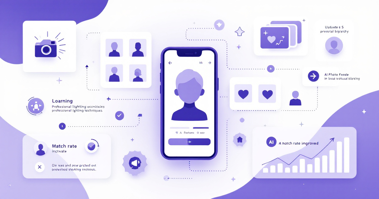 Infographic illustration showing dating app photo optimization strategies with smartphone, camera icons, photo hierarchy layouts, and upward trending charts in indigo color scheme