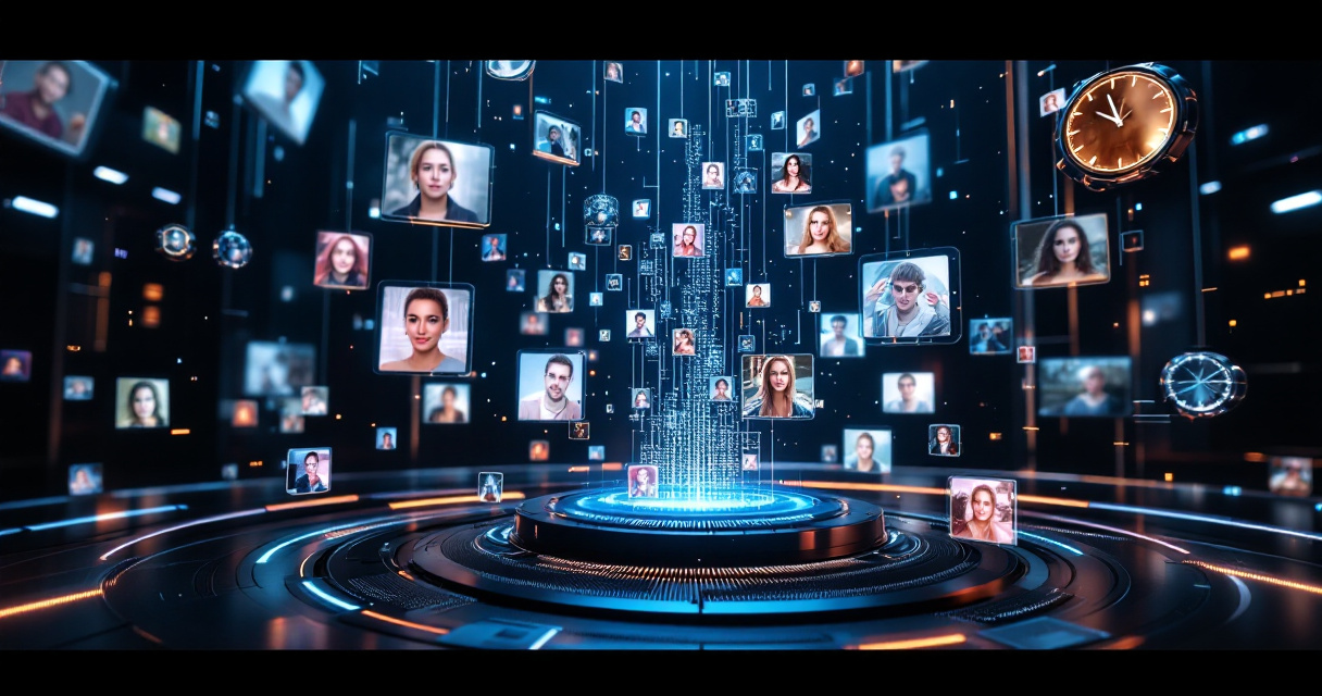 Futuristic AI system processing multiple portrait photos with clocks and glowing indigo data streams
