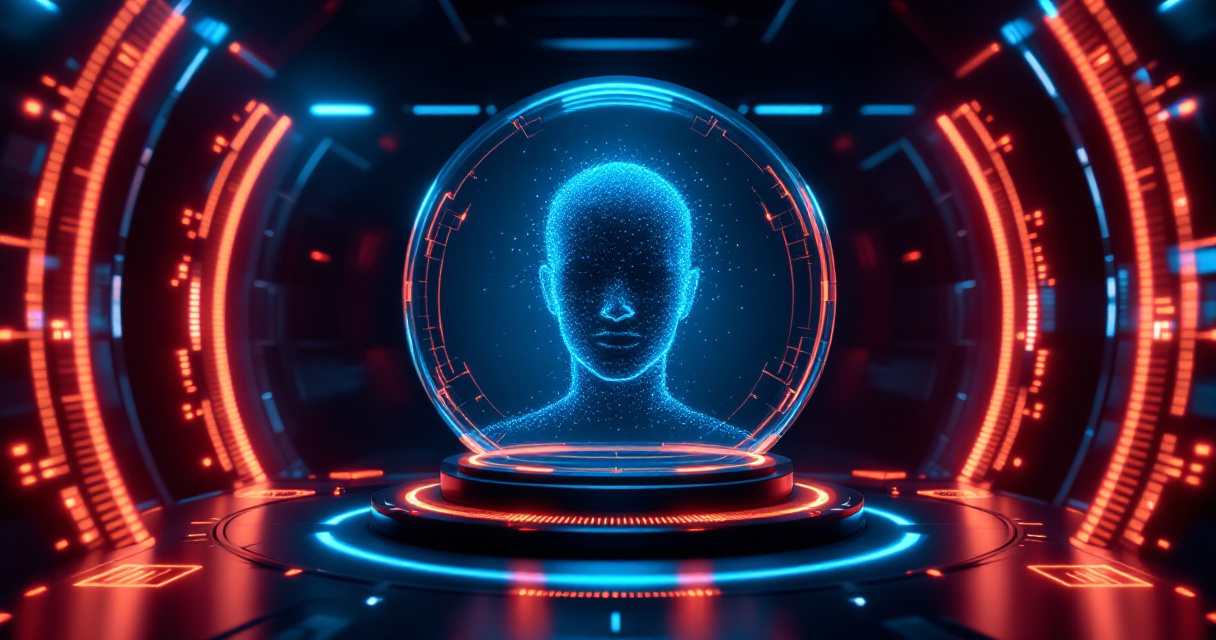 Secure AI headshot processing with protected digital portrait inside glowing indigo security sphere