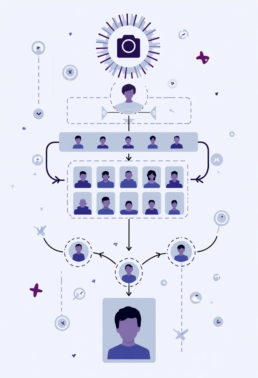 Infographic illustration showing the process of uploading photos for AI headshot generation with icons representing photo quantity, quality standards, and the transformation workflow