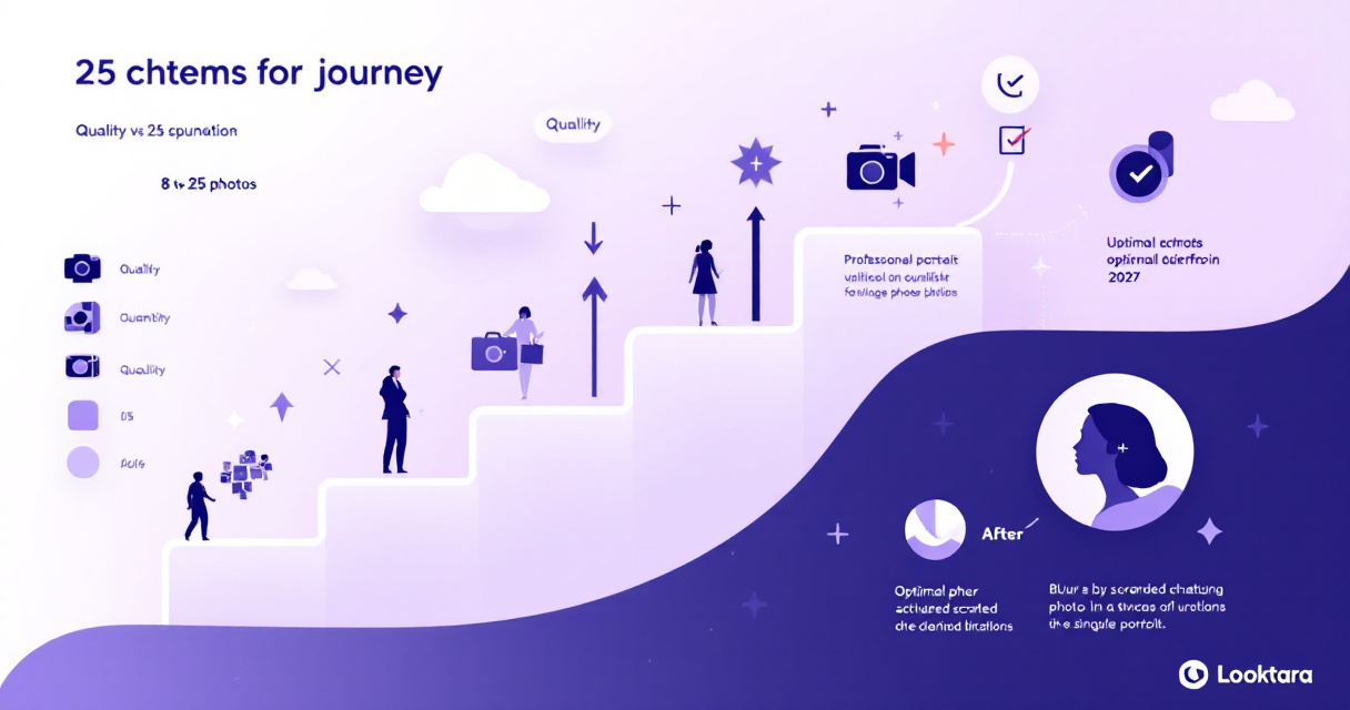 Infographic illustration showing AI headshot photo upload optimization with icons depicting camera uploads, quality indicators, and the 8-25 photo range for professional results
