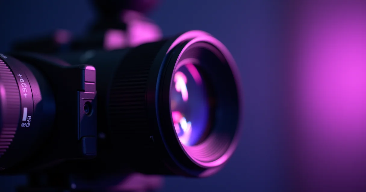 Professional camera lens with purple light reflections representing AI headshot photo quality standards