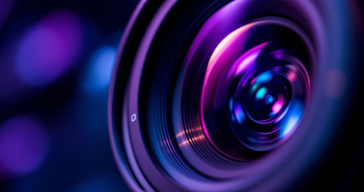 Camera lens with purple light reflections showcasing professional photography equipment for quality AI headshots