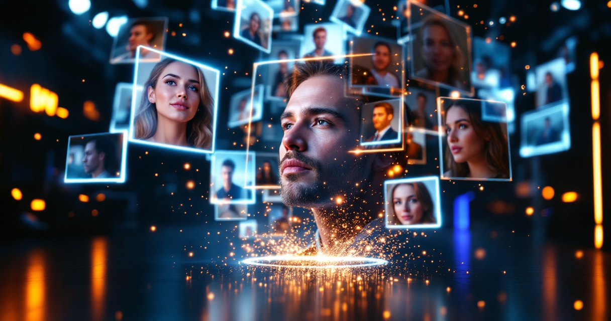 Multiple photos merging into a single realistic AI headshot with glowing indigo technology accents