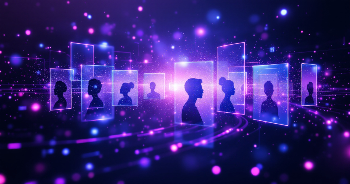 Digital visualization of multiple portrait photos being processed through AI platform technology