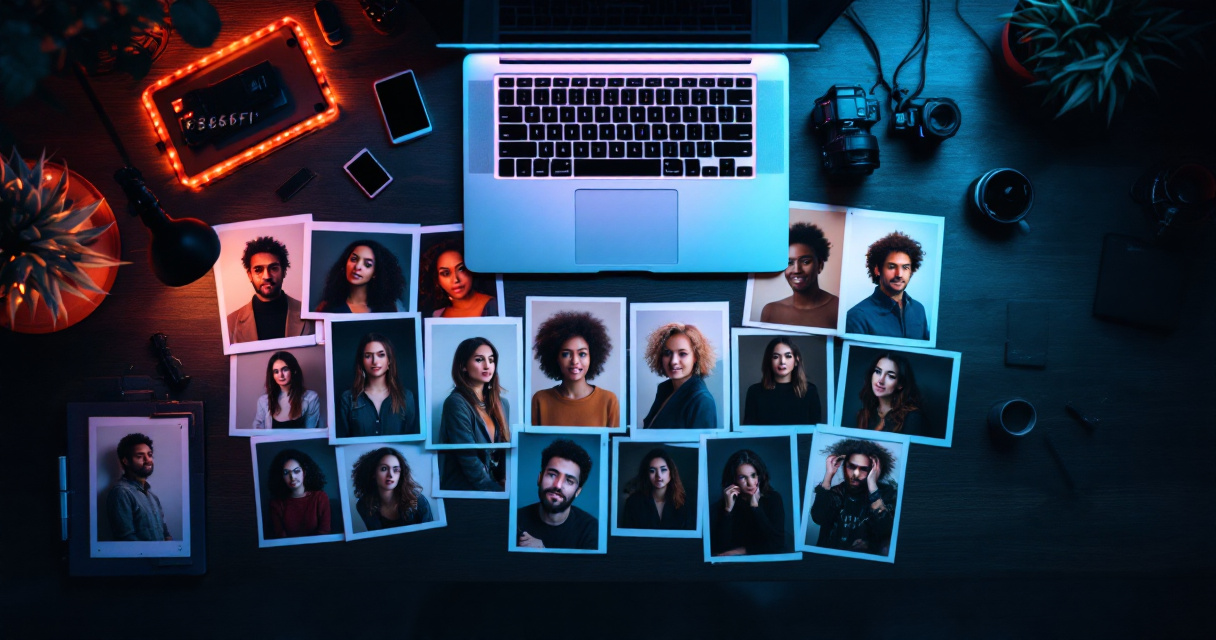 Workspace preparing diverse portrait photos before uploading them to an AI headshot generator