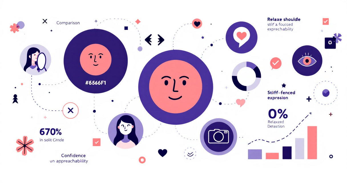 Infographic illustration showing seven techniques for natural smiling in headshot photos with icons and visual flow diagram in purple and white