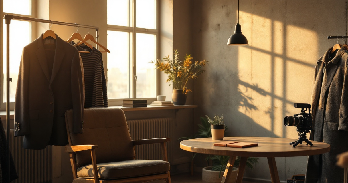 Styled wardrobe and studio setup illustrating LinkedIn, dating, creator, and founder profile photo directions