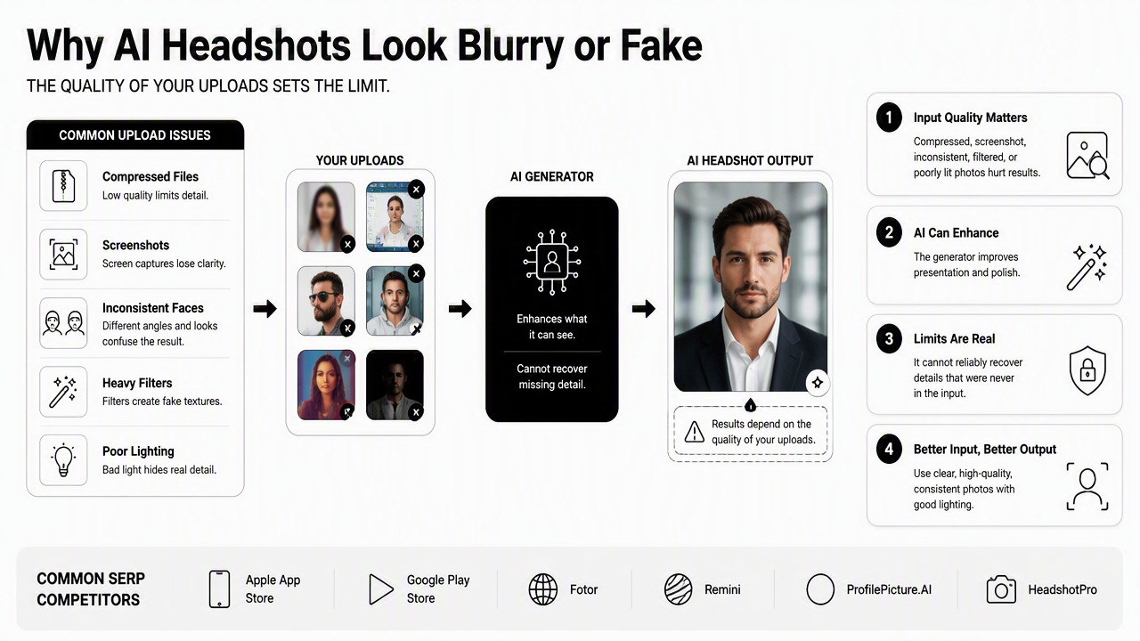 Illustration for What mistakes make AI headshots look blurry or fake?