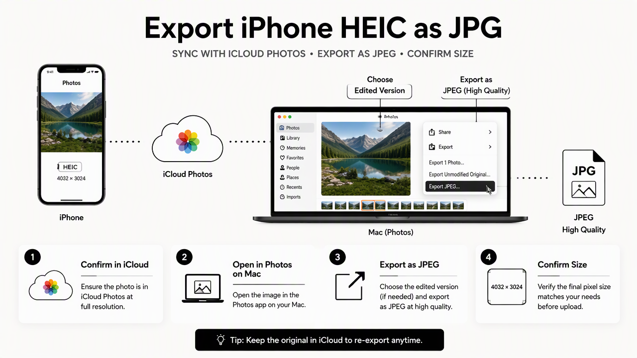 Illustration for How should an iPhone user export HEIC as JPG from Photos?