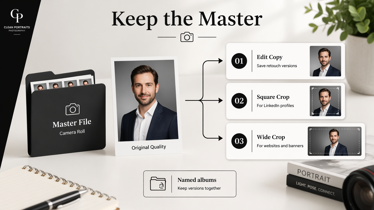 Annotated headshot storage workflow showing master files, edits, and crop versions.