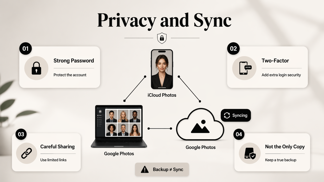 Editorial diagram comparing privacy, syncing, and backup habits for headshot storage.
