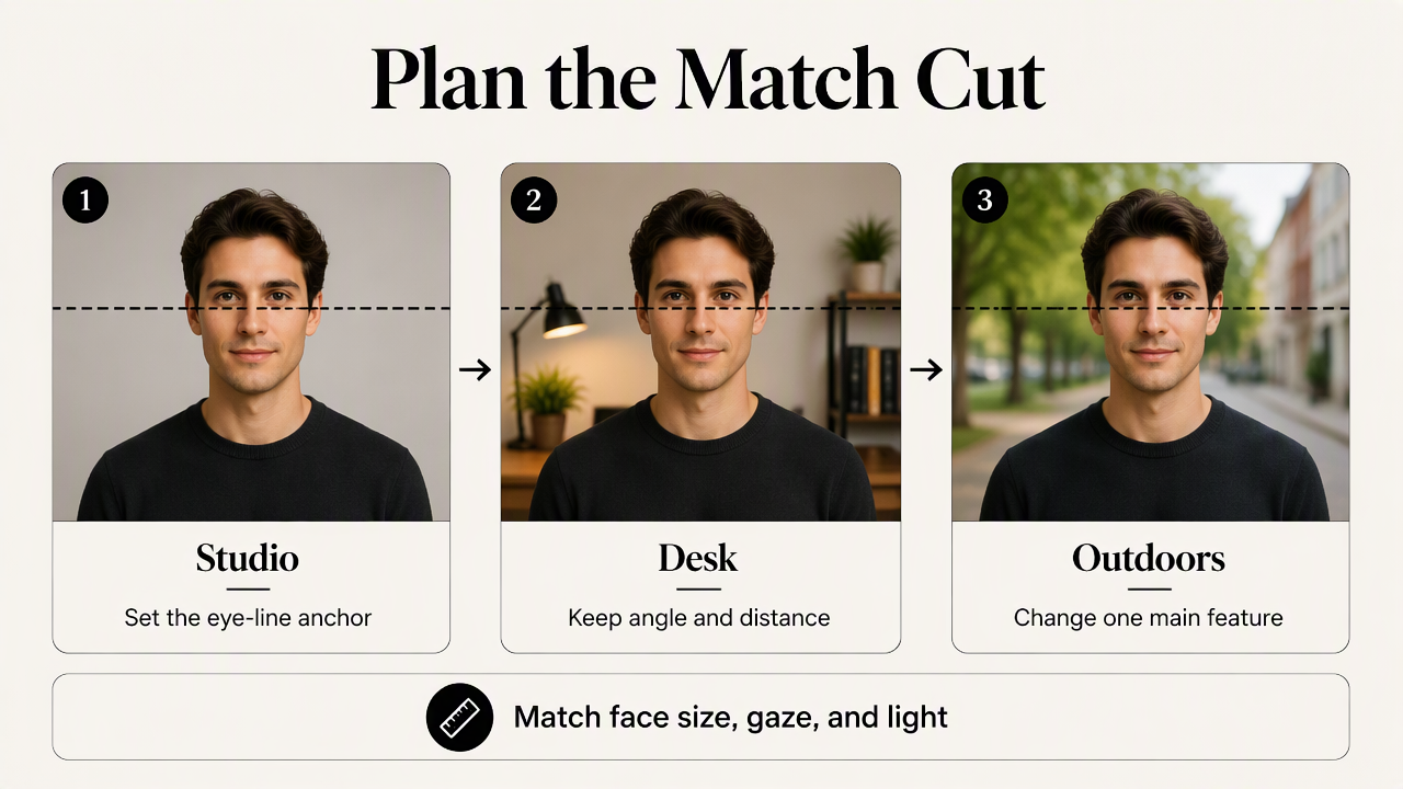 Three consistently framed studio, desk, and outdoor portraits illustrate eye-aligned match-cut planning.