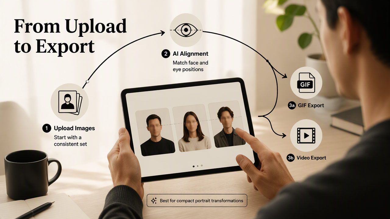Tablet workflow shows portrait uploads, AI eye alignment, and GIF or video export options.