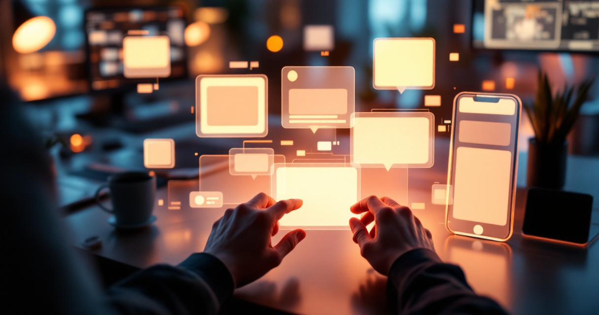 Creative workspace comparing abstract social media chat mockup interfaces with glowing purple UI elements