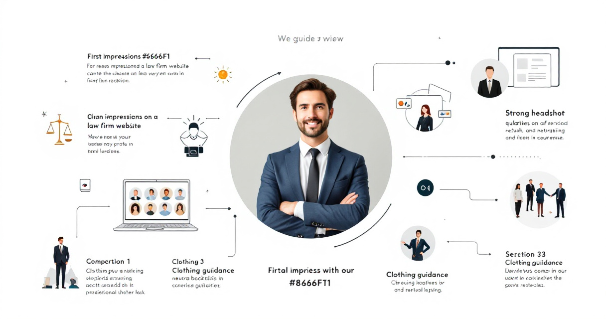 Infographic showing visual elements of professional lawyer headshots, including website profiles, attire guidance, team consistency, update cycles, and AI-generated portraits.