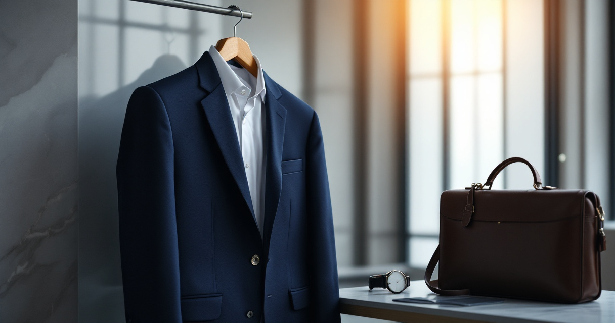 Professional lawyer wardrobe setup with suit, watch, and briefcase in elegant studio lighting