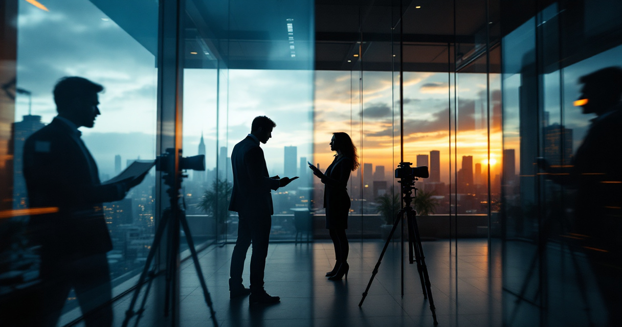 Camera setup in modern law office with shifting light symbolizing updating attorney headshots over time