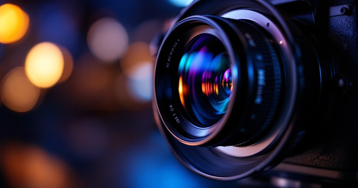 Professional camera lens with studio lighting setup reflecting elegant indigo accents for attorney headshot photography