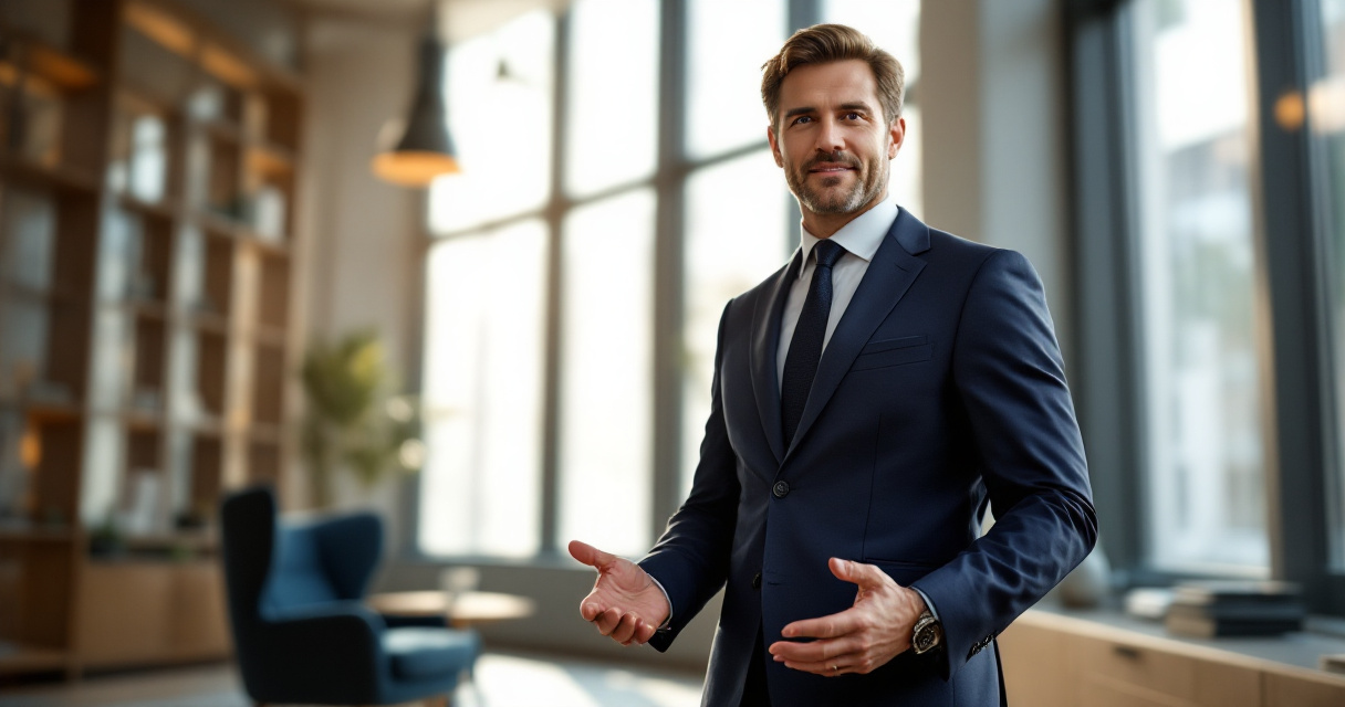 Professional attorney in modern law office demonstrating confident approachable posture for legal headshot composition