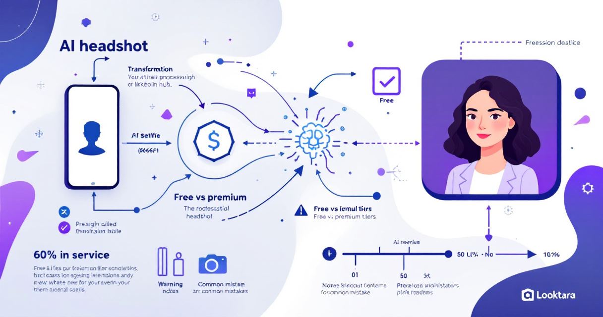 Infographic showing AI headshot generation process from selfie to professional LinkedIn photo with free tools comparison and tips