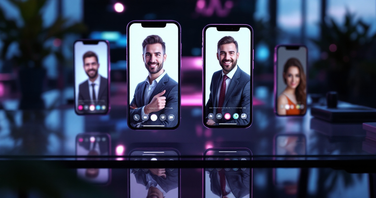 Comparison of multiple AI headshot generator tools displayed on smartphone screens in modern workspace with purple lighting