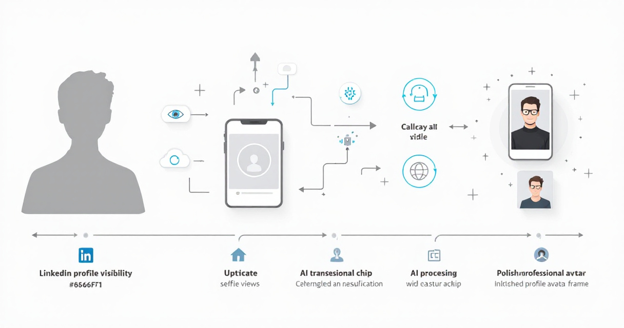 Infographic showing how AI turns a selfie into a professional LinkedIn headshot with workflow steps, AI processing, tools, and quality comparison.