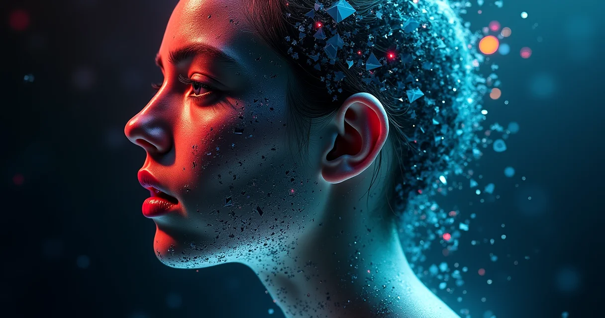 Abstract digital representation of AI photo generation errors showing fragmented portrait with glitch effects