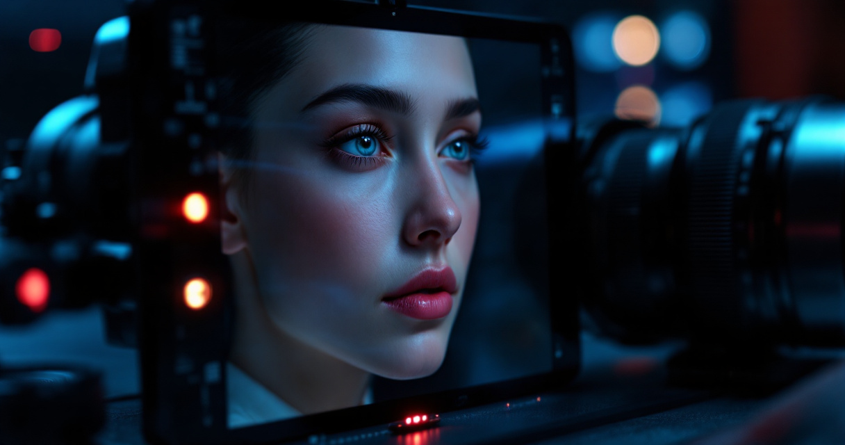 Unnatural AI-generated headshot with distorted features and overly smooth skin beside a camera lens