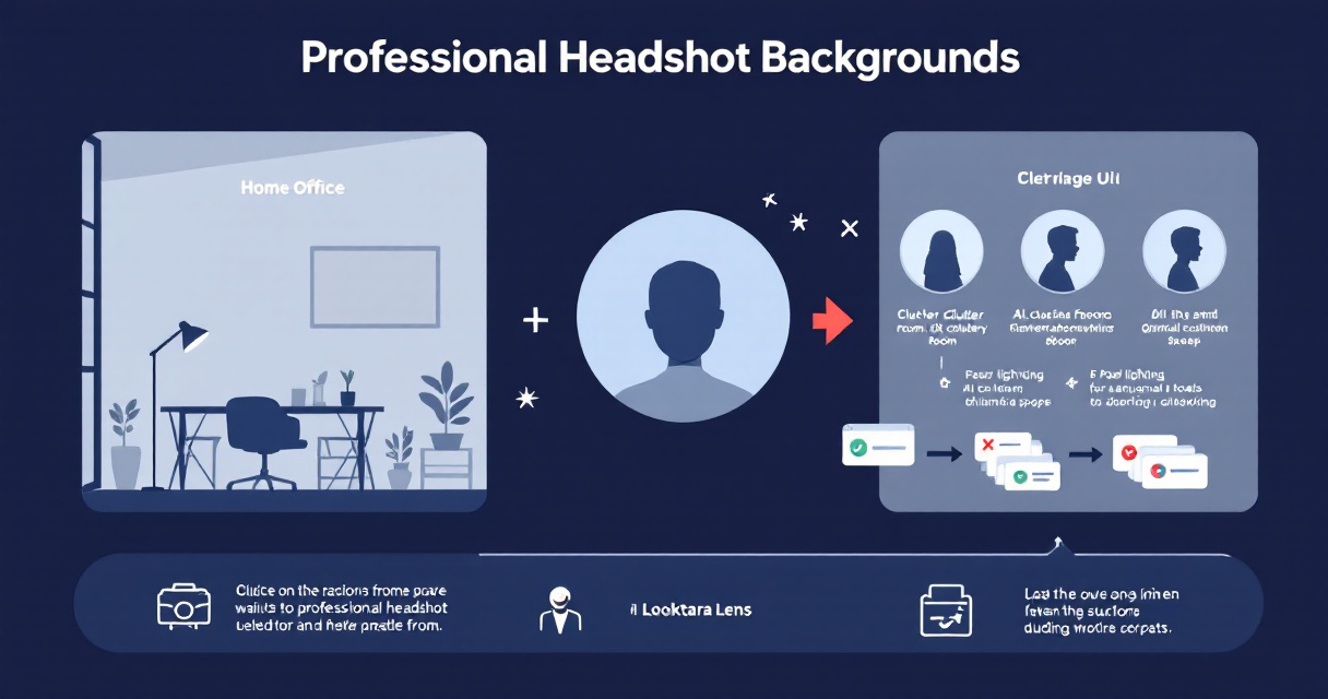 Infographic showing home office LinkedIn headshot setup guide with before-after comparison icons and AI enhancement visual elements in indigo color scheme