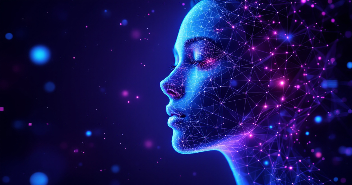 AI headshot enhancement technology visualization with geometric facial analysis patterns and digital interface elements