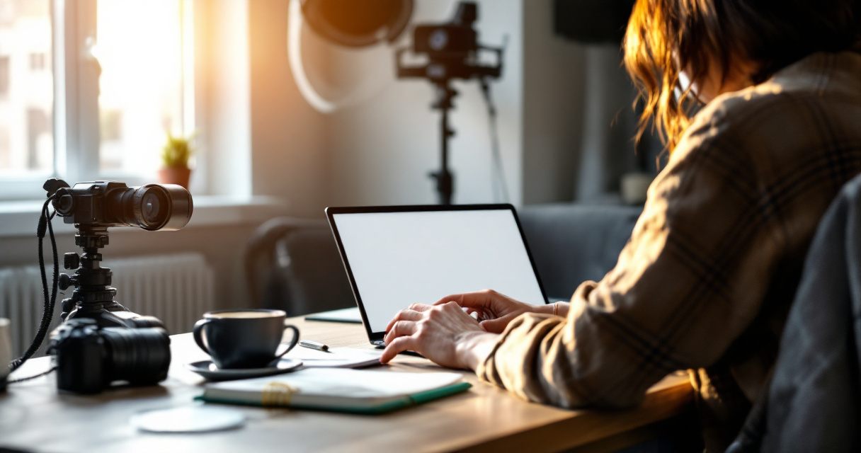 Over‑the‑shoulder workspace planning AI LinkedIn headshot prompts with camera and lighting setup