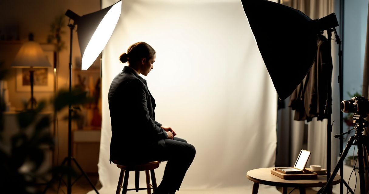 Home studio setup adjusting lighting and wardrobe for realistic professional AI headshot look