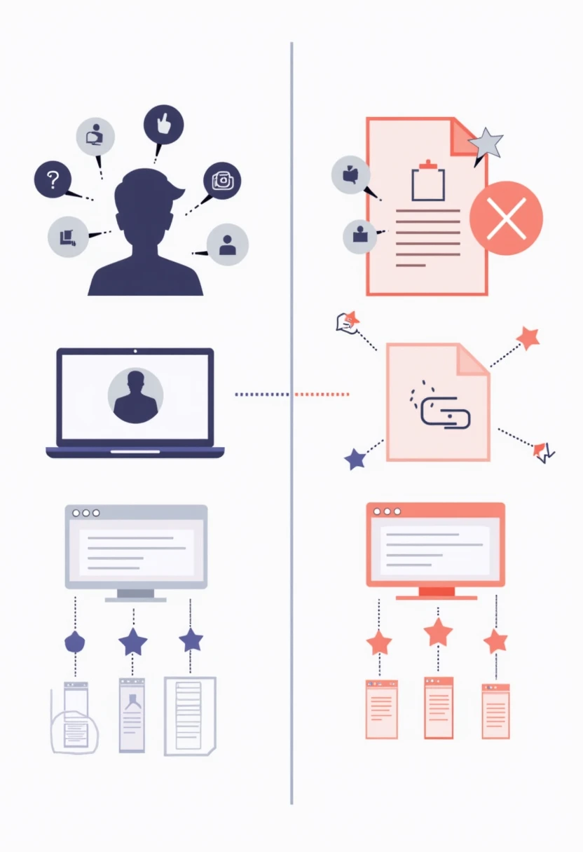 Infographic comparing LinkedIn profile photos and resume photos with icons showing digital profiles, documents, and professional elements in indigo and white color scheme