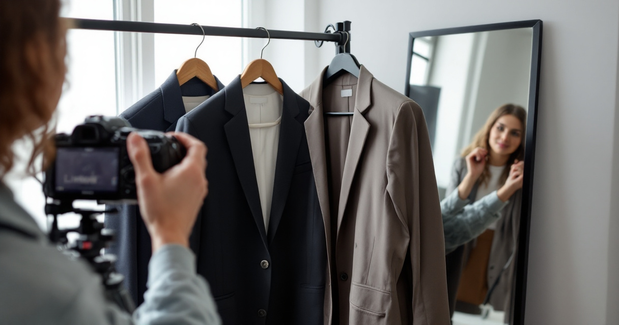 Over-the-shoulder scene of choosing wardrobe for a credible career change LinkedIn photo