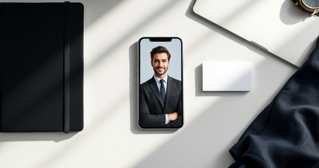 Top-down desk scene showing a cohesive visual brand built around a professional portrait