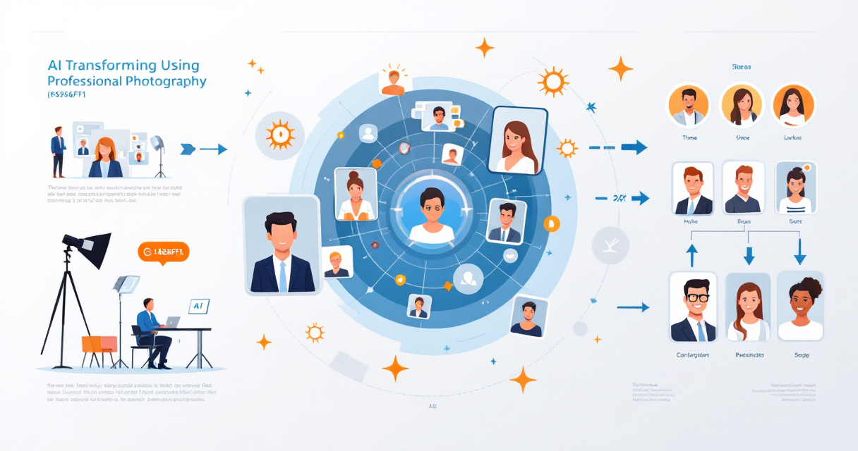 Infographic showing AI transforming photography, from studio shoots to automated AI headshot generation and editing tools producing multiple professional images.
