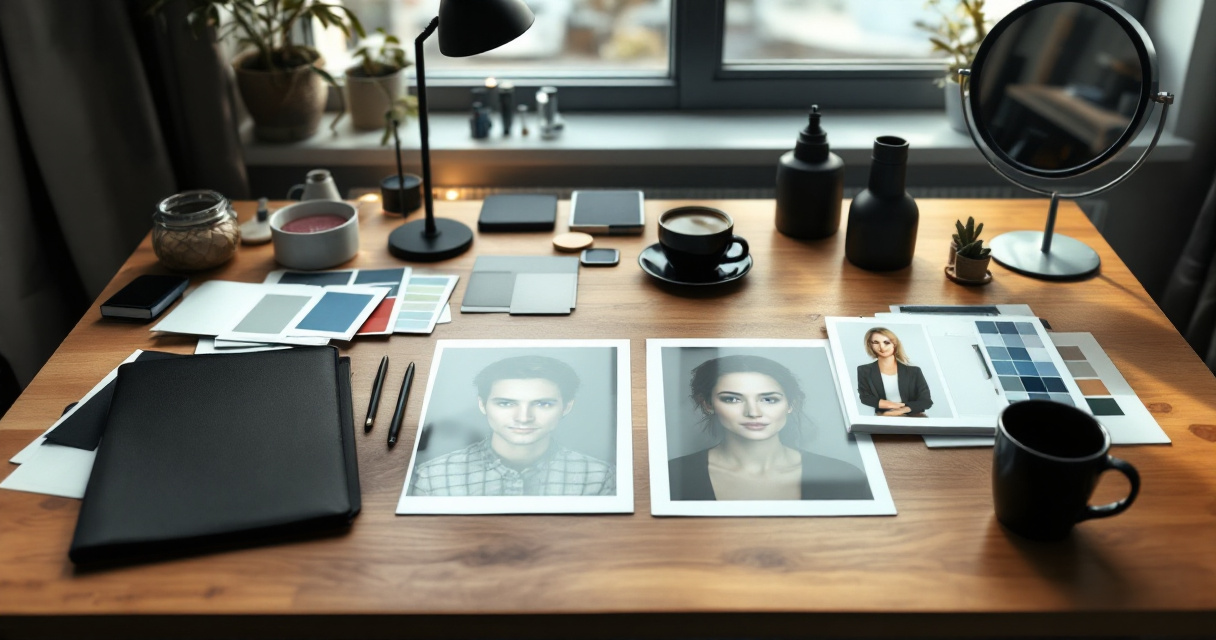 Workspace comparing AI headshot styles, backgrounds, wardrobe choices, and portrait quality