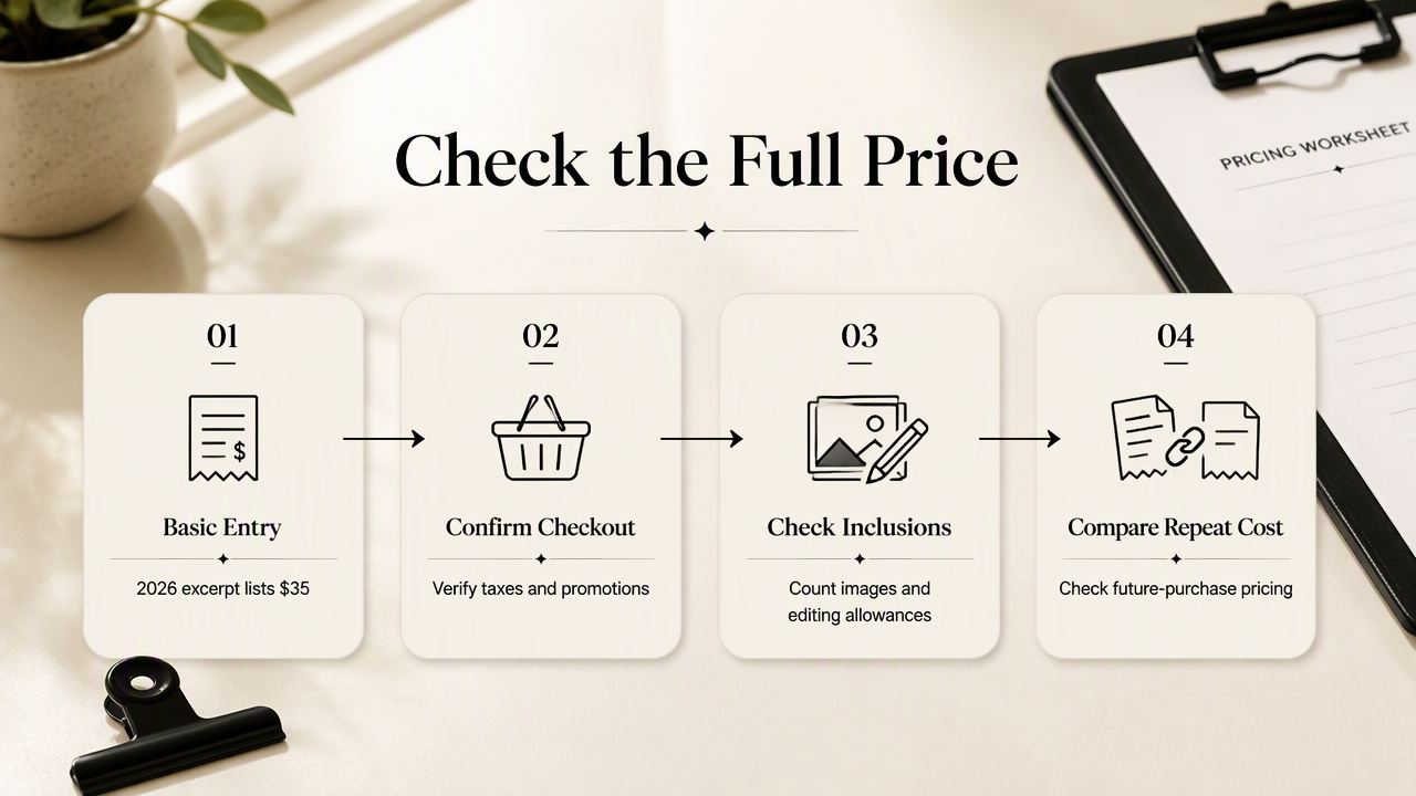 BetterPic pricing checklist showing the listed $35 entry price and details to verify before checkout.