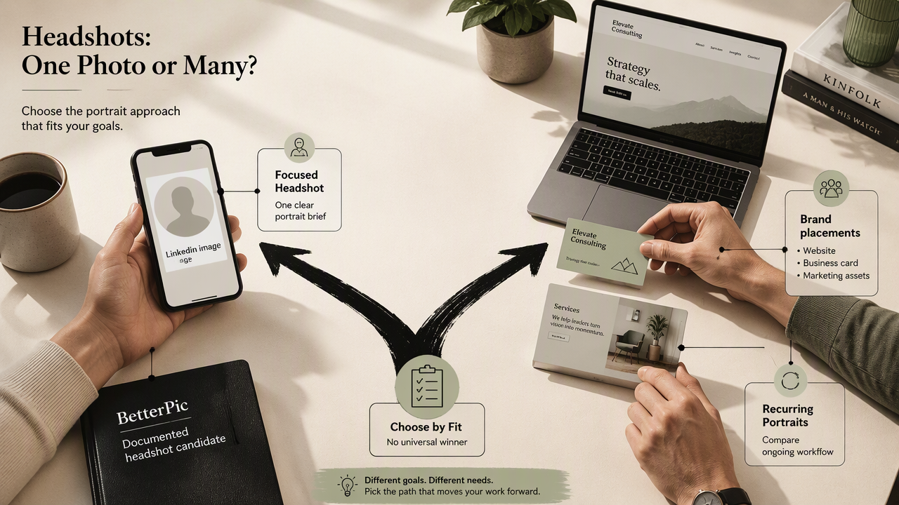Decision diagram comparing a focused LinkedIn headshot brief with recurring portrait needs across brand placements.