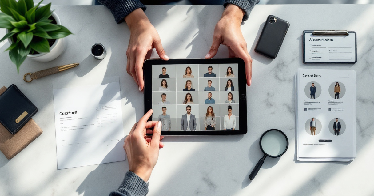 Buyer verifies privacy, samples, wardrobe, and payment details before ordering AI headshots