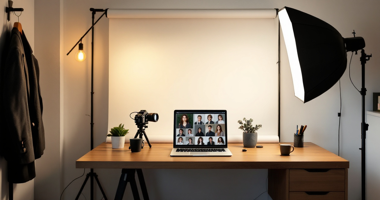 Professional headshot workflow with laptop previews, studio lighting, blazer, and black backdrop