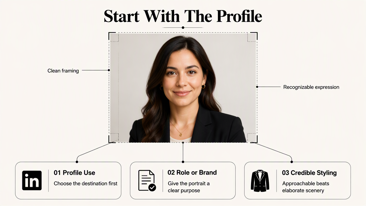 Looktara portrait brief diagram linking LinkedIn use, role, credible styling, and a recognizable professional profile photo.