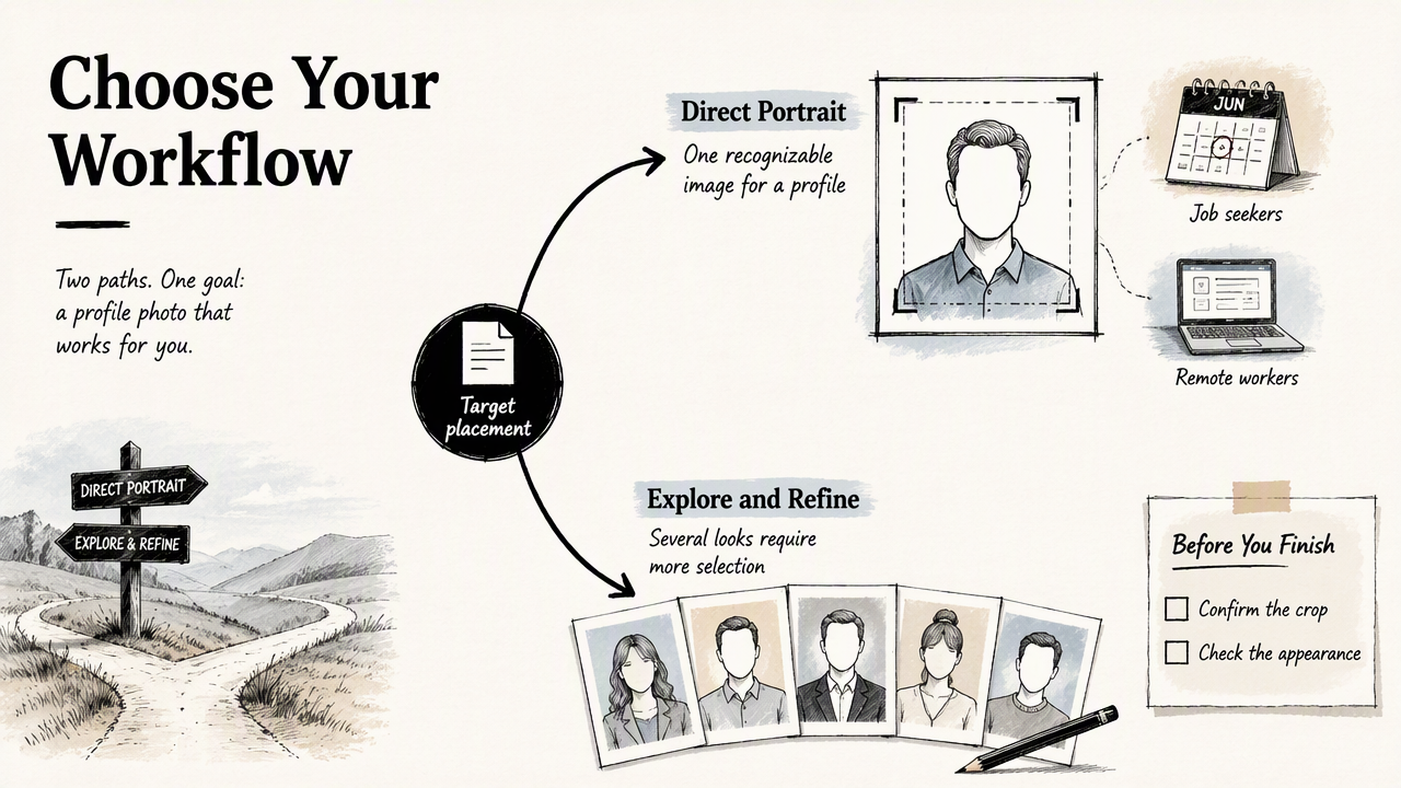 Decision map comparing a direct professional profile portrait with exploring and refining several photo styles.